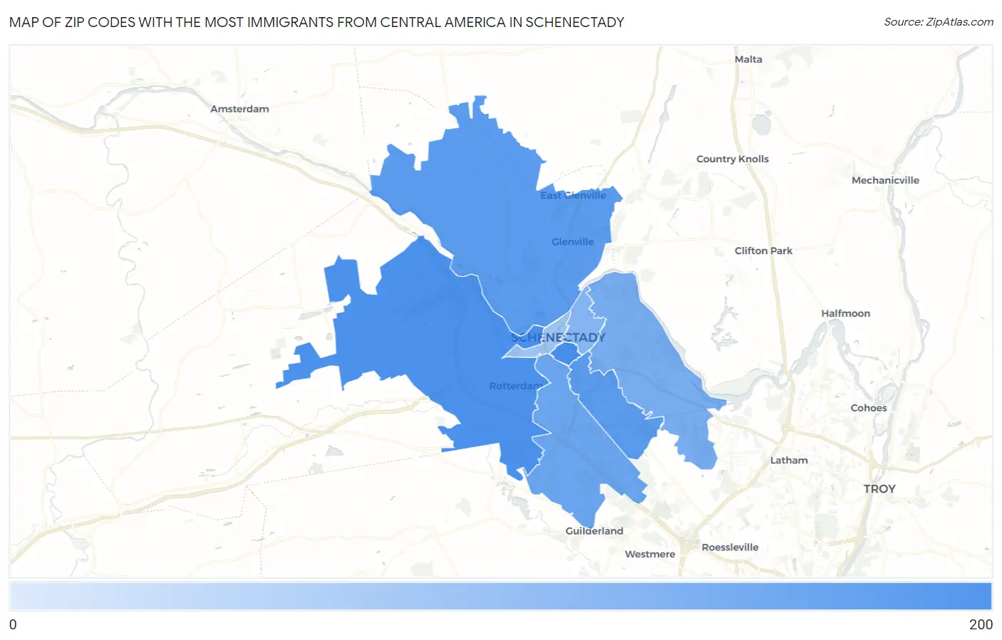 Zip Codes with the Most Immigrants from Central America in Schenectady Map