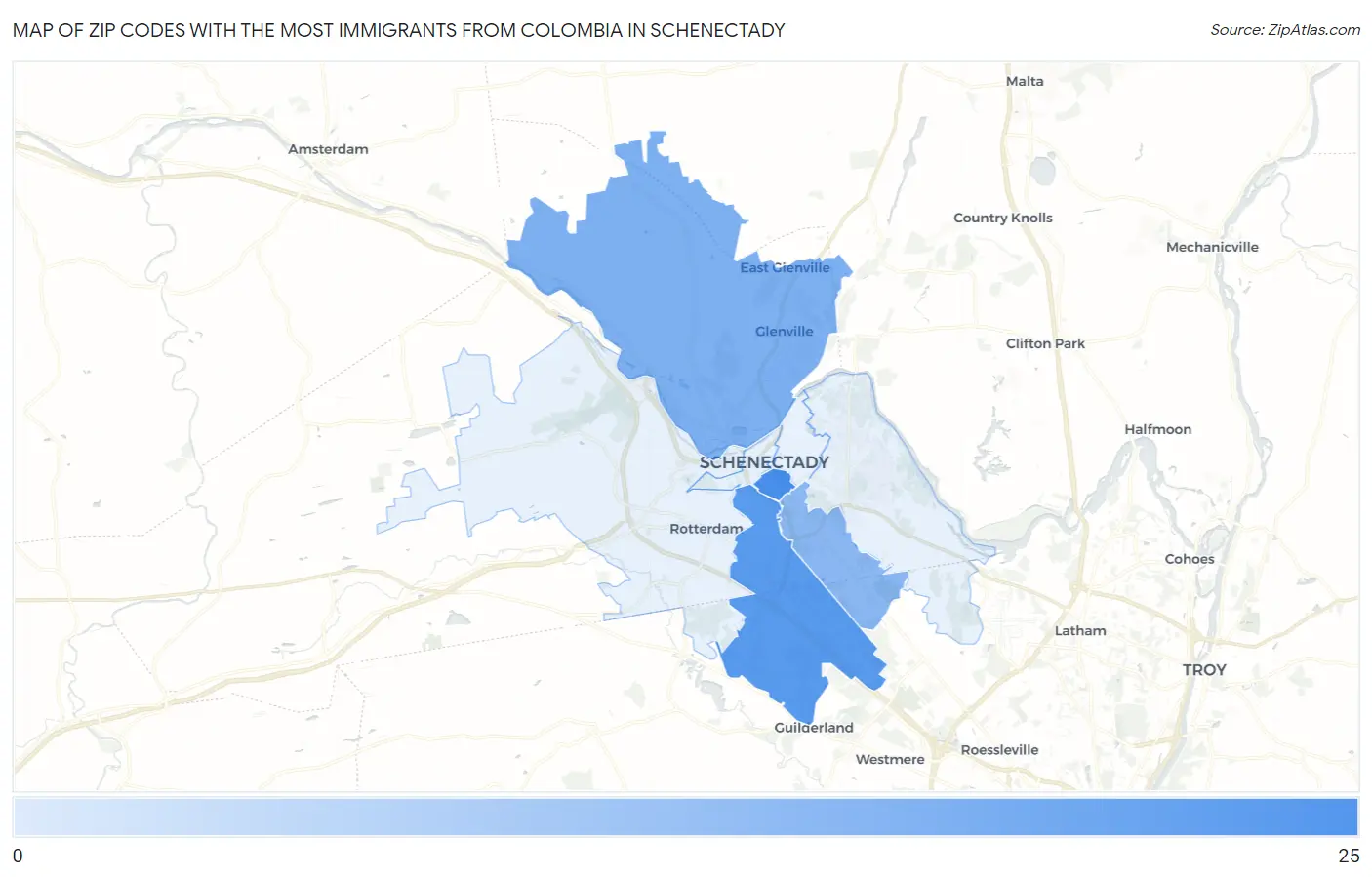 Zip Codes with the Most Immigrants from Colombia in Schenectady Map