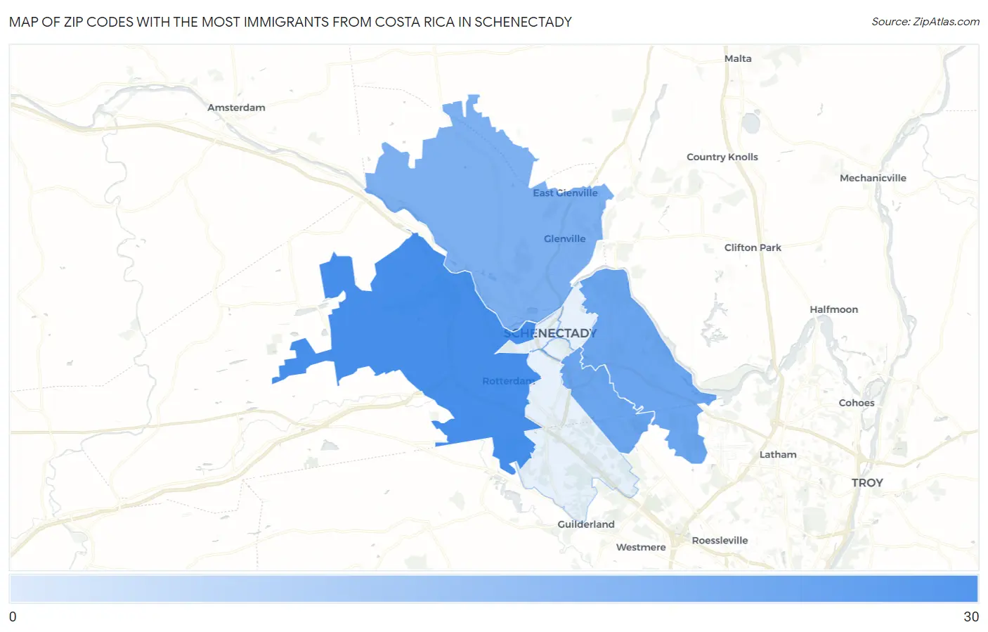 Zip Codes with the Most Immigrants from Costa Rica in Schenectady Map