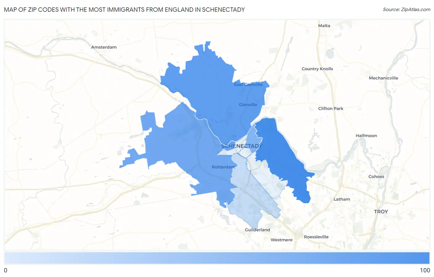 Zip Codes with the Most Immigrants from England in Schenectady Map