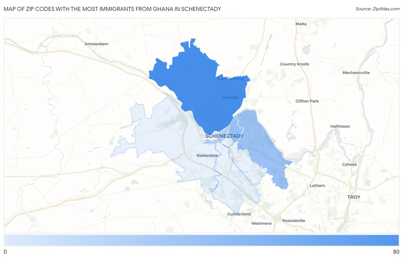 Zip Codes with the Most Immigrants from Ghana in Schenectady Map