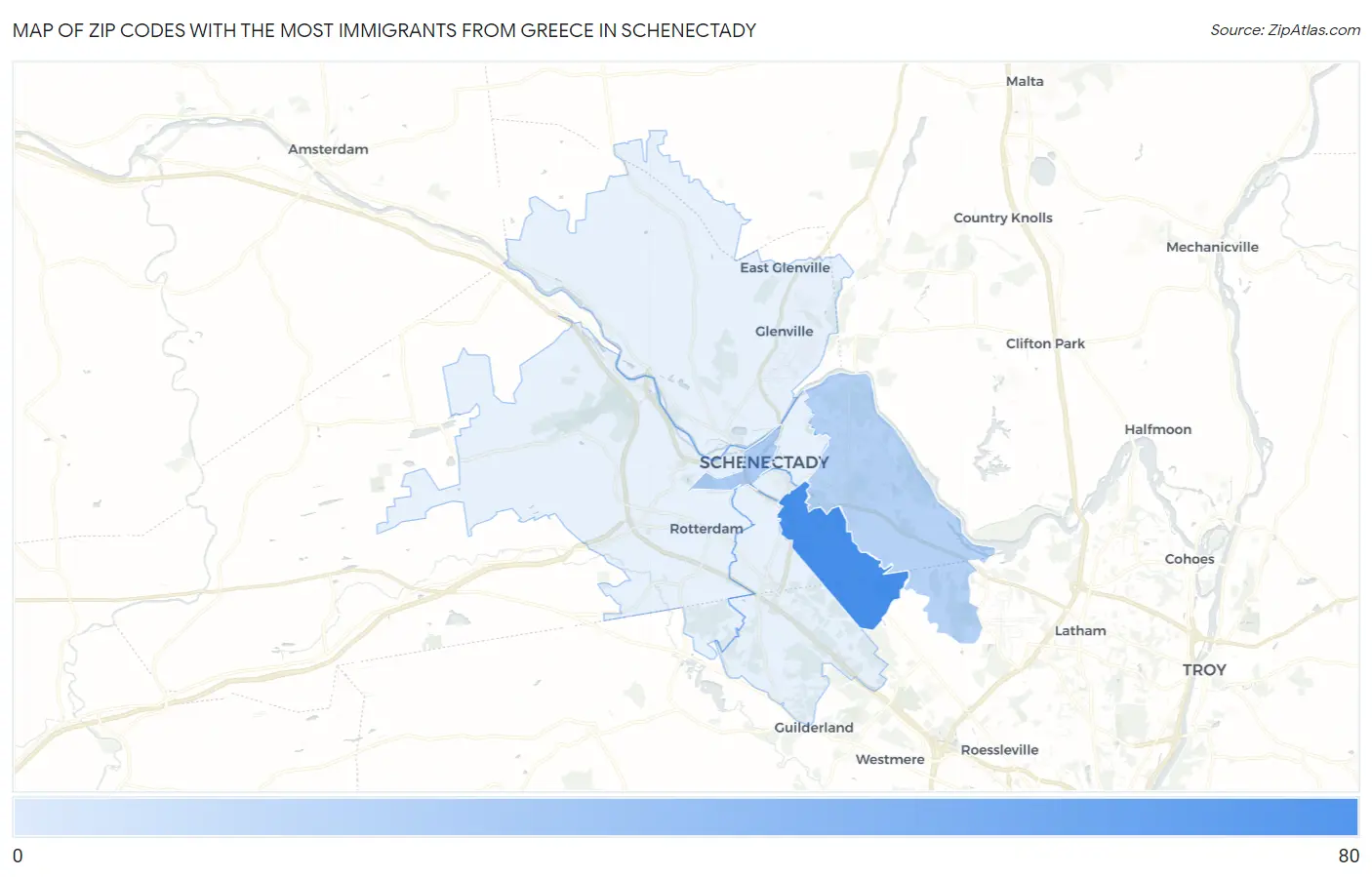 Zip Codes with the Most Immigrants from Greece in Schenectady Map