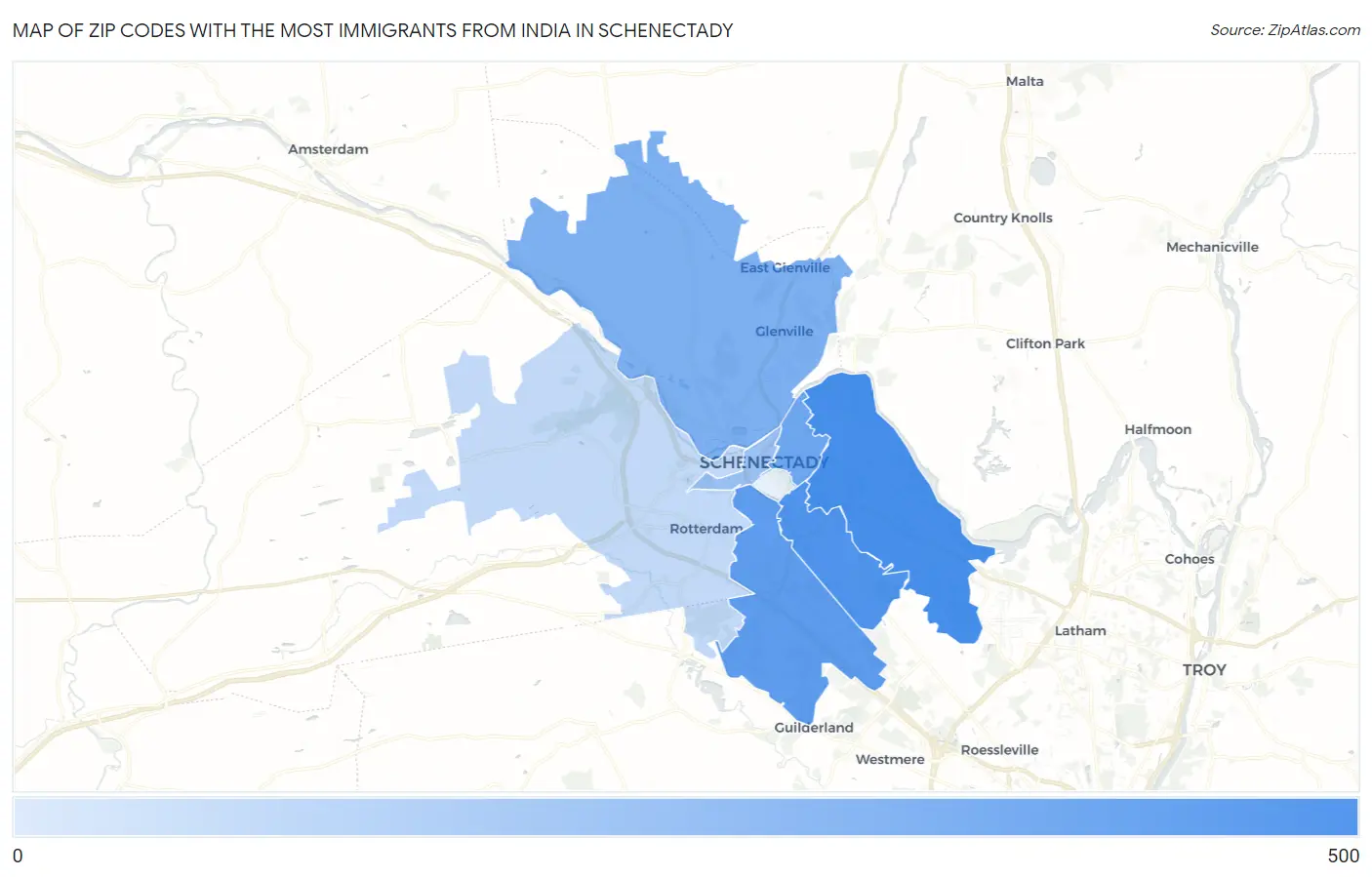 Zip Codes with the Most Immigrants from India in Schenectady Map