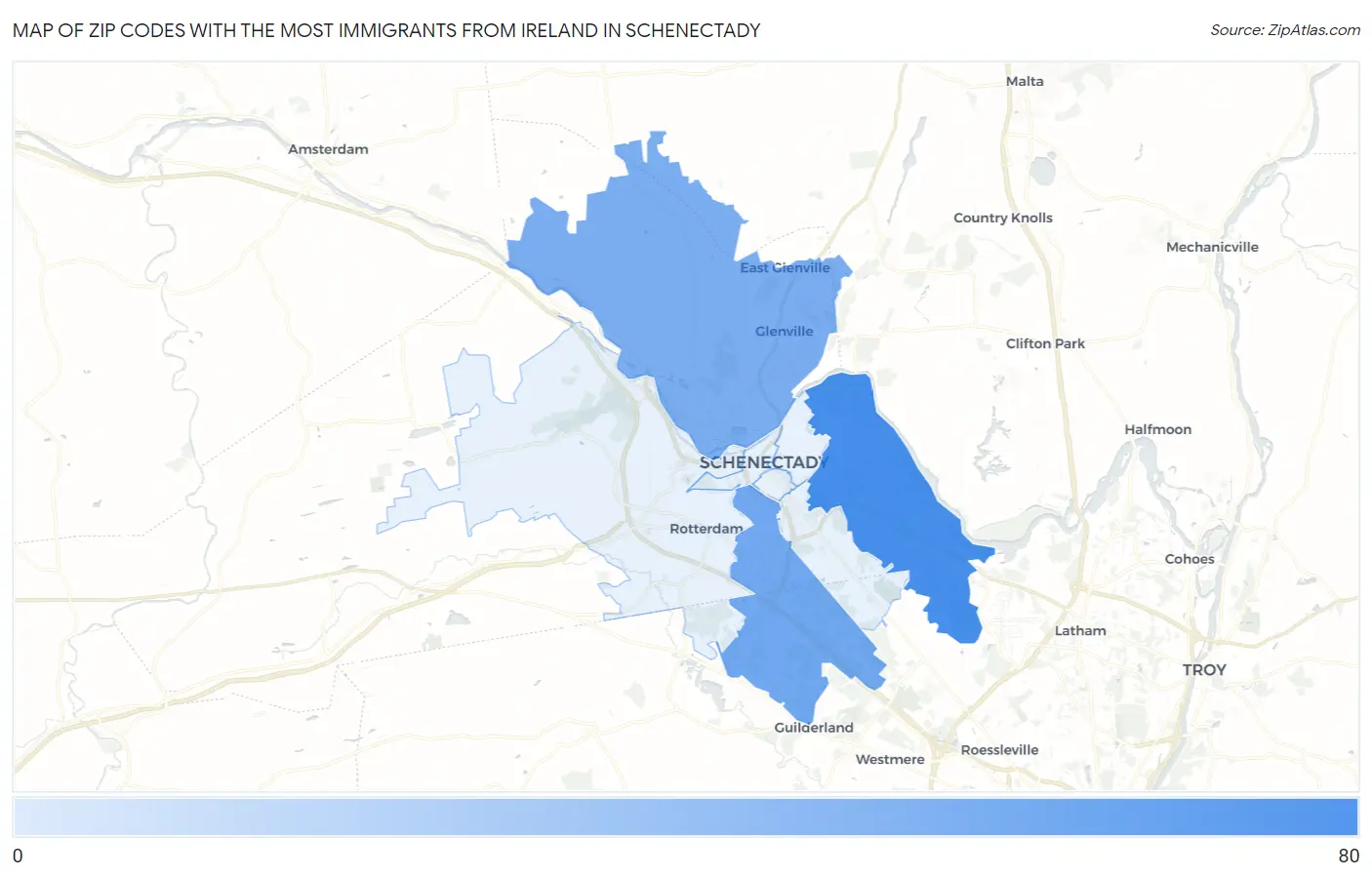 Zip Codes with the Most Immigrants from Ireland in Schenectady Map