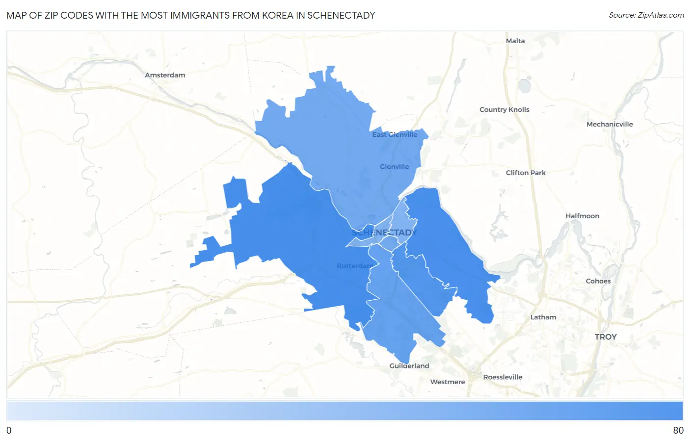 Zip Codes with the Most Immigrants from Korea in Schenectady Map