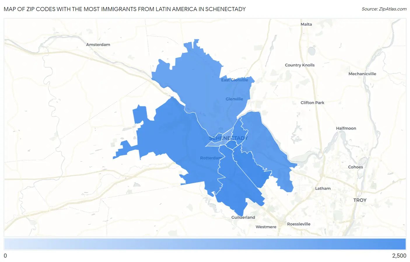Zip Codes with the Most Immigrants from Latin America in Schenectady Map