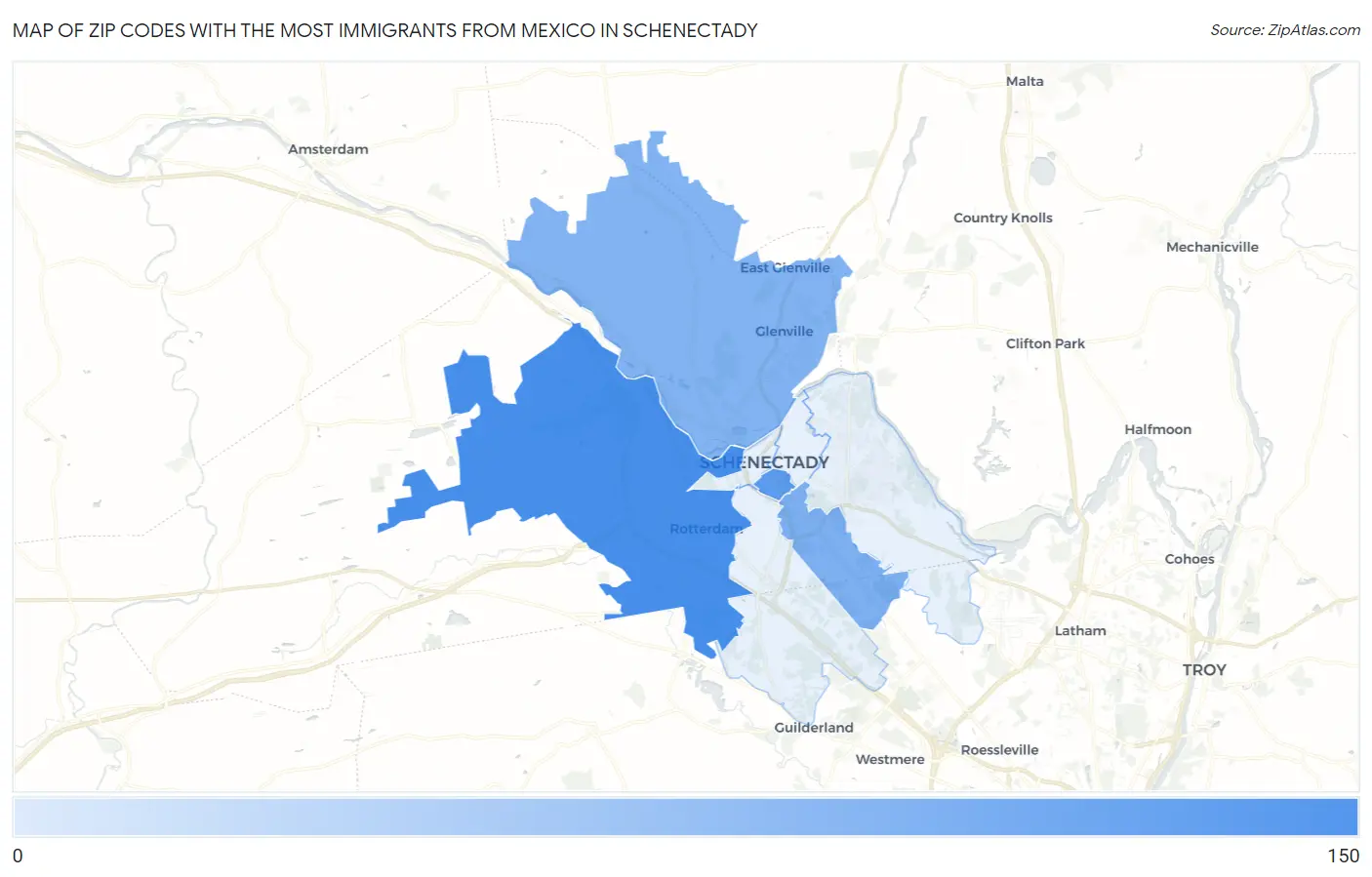 Zip Codes with the Most Immigrants from Mexico in Schenectady Map