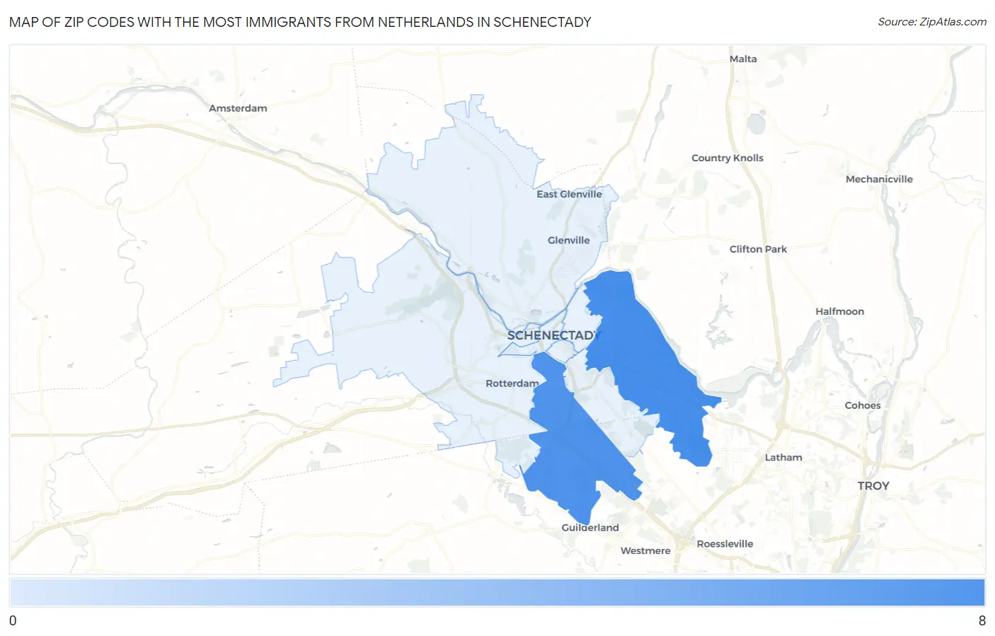 Zip Codes with the Most Immigrants from Netherlands in Schenectady Map