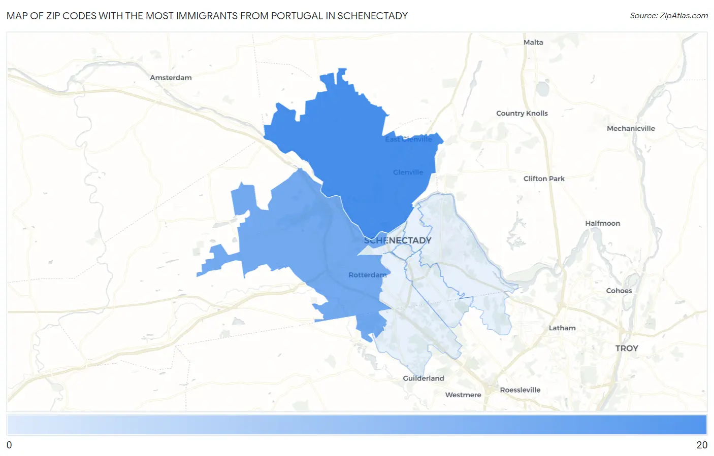 Zip Codes with the Most Immigrants from Portugal in Schenectady Map