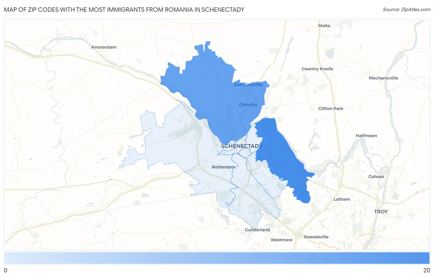 Zip Codes with the Most Immigrants from Romania in Schenectady Map