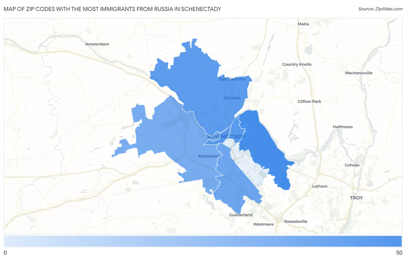 Zip Codes with the Most Immigrants from Russia in Schenectady Map