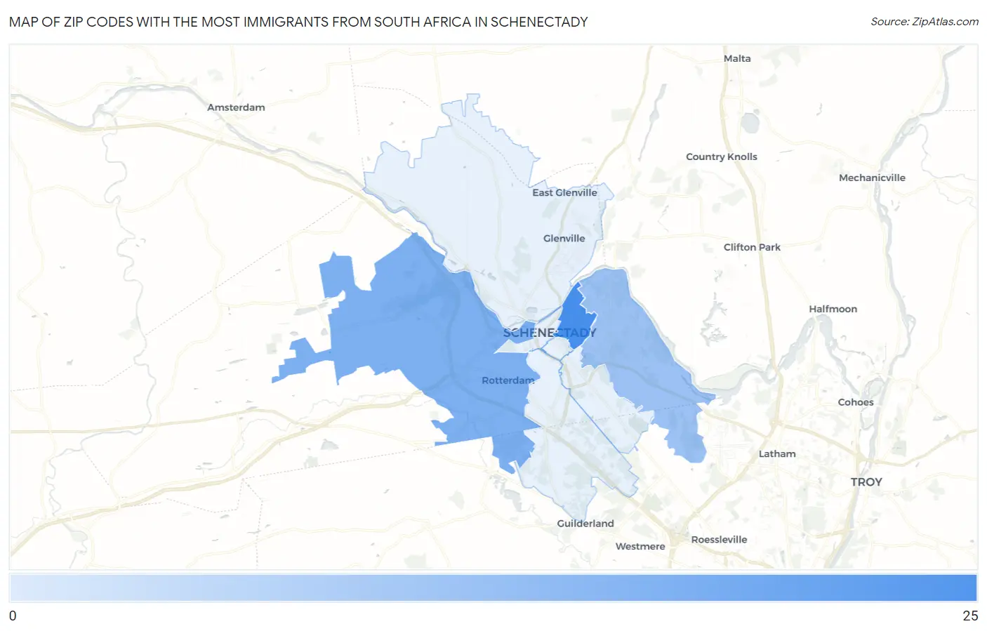 Zip Codes with the Most Immigrants from South Africa in Schenectady Map