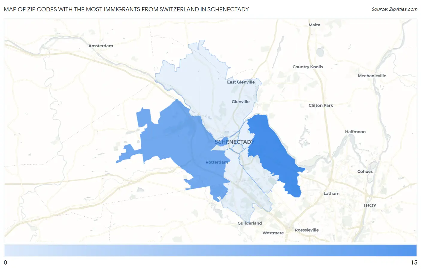 Zip Codes with the Most Immigrants from Switzerland in Schenectady Map