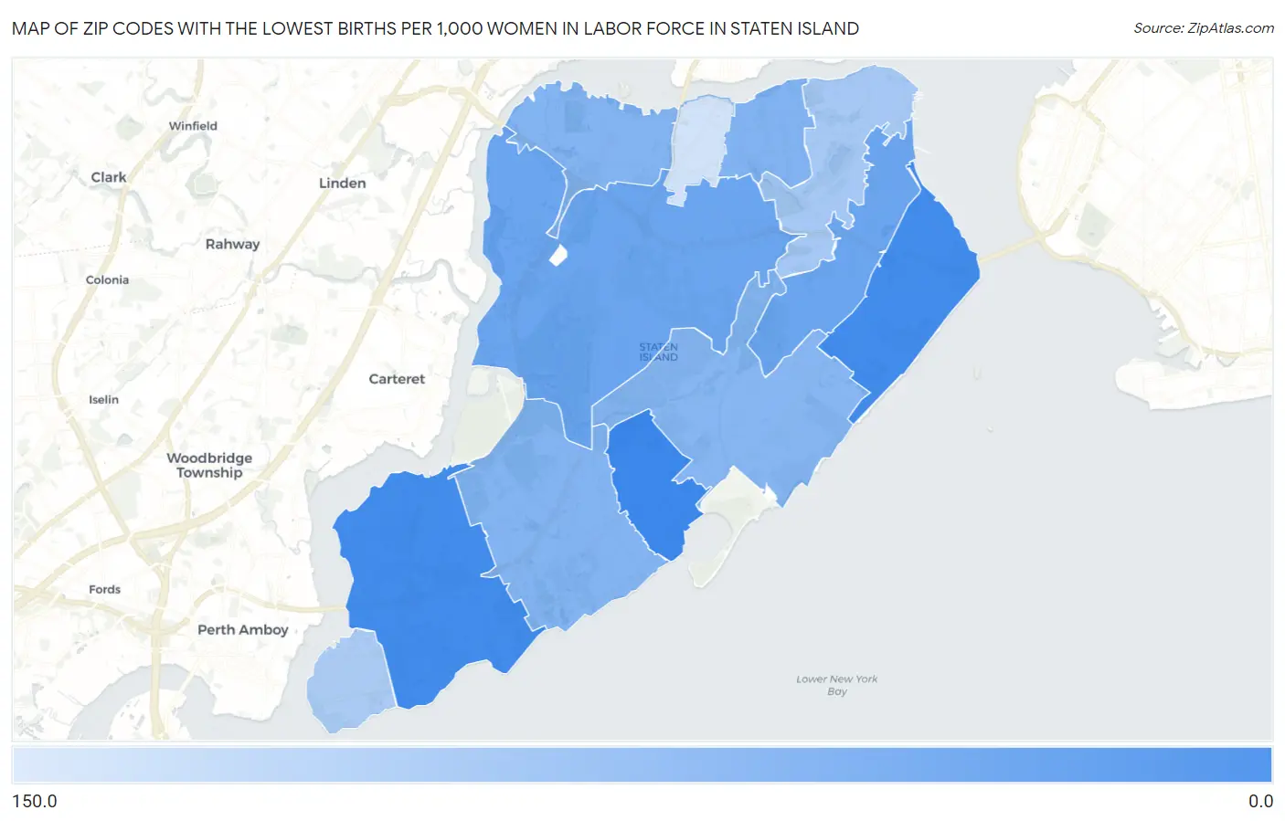 Zip Codes with the Lowest Births per 1,000 Women in Labor Force in Staten Island Map