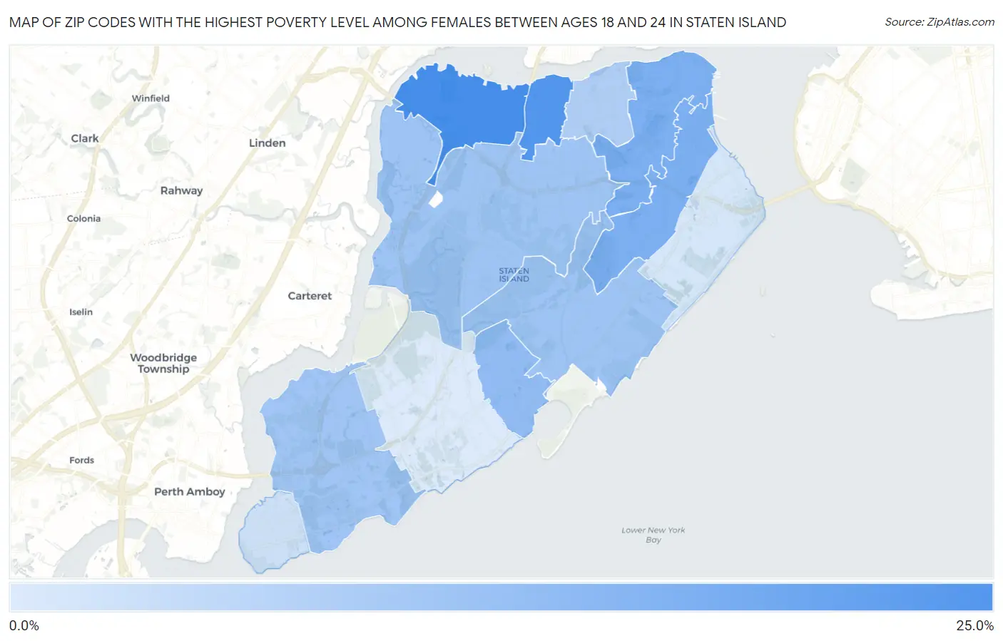 Zip Codes with the Highest Poverty Level Among Females Between Ages 18 and 24 in Staten Island Map