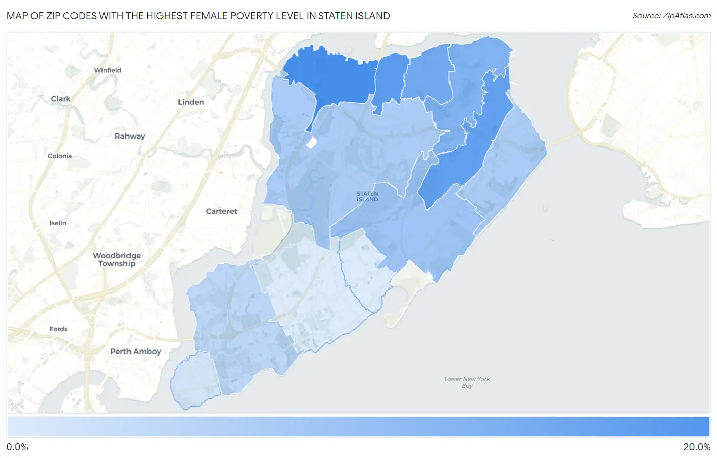 Zip Codes with the Highest Female Poverty Level in Staten Island Map