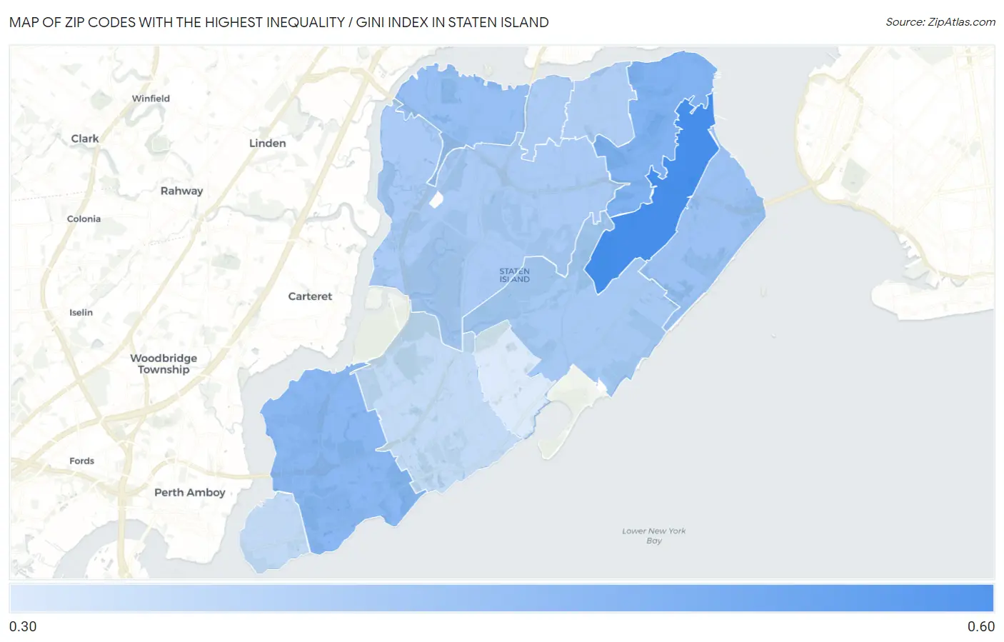 Zip Codes with the Highest Inequality / Gini Index in Staten Island Map