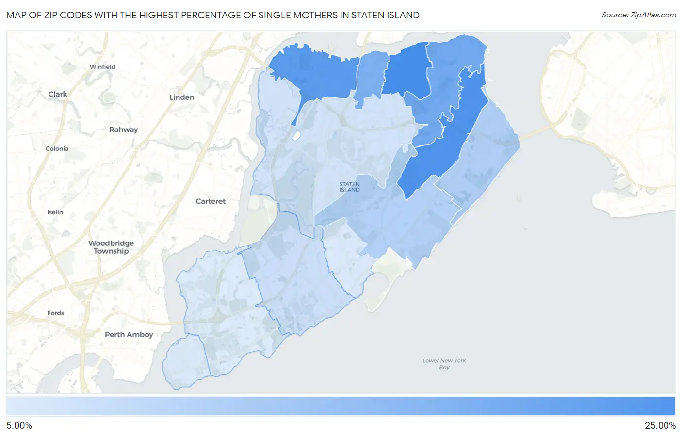 Zip Codes with the Highest Percentage of Single Mothers in Staten Island Map