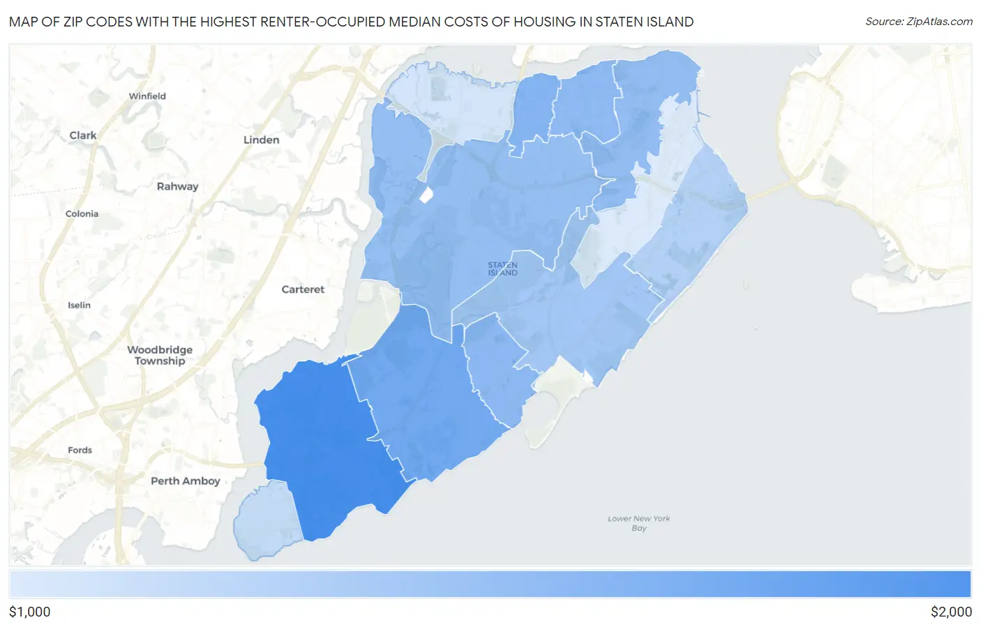 Zip Codes with the Highest Renter-Occupied Median Costs of Housing in Staten Island Map