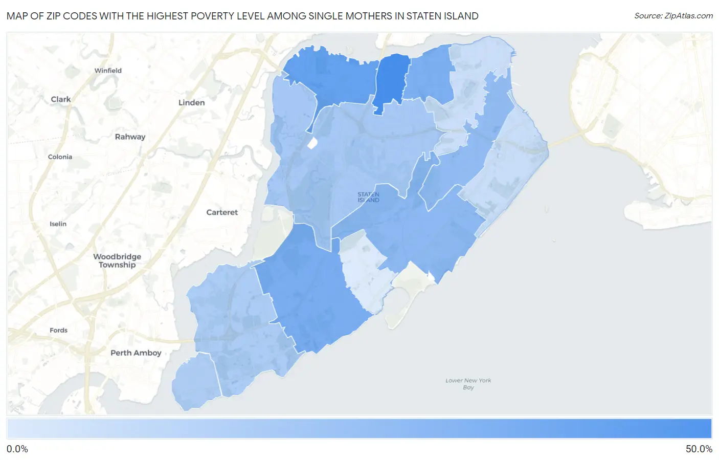 Zip Codes with the Highest Poverty Level Among Single Mothers in Staten Island Map