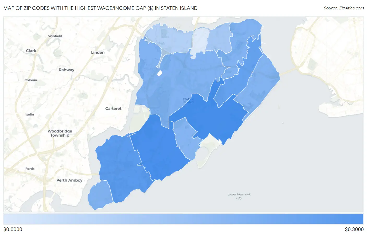 Zip Codes with the Highest Wage/Income Gap ($) in Staten Island Map