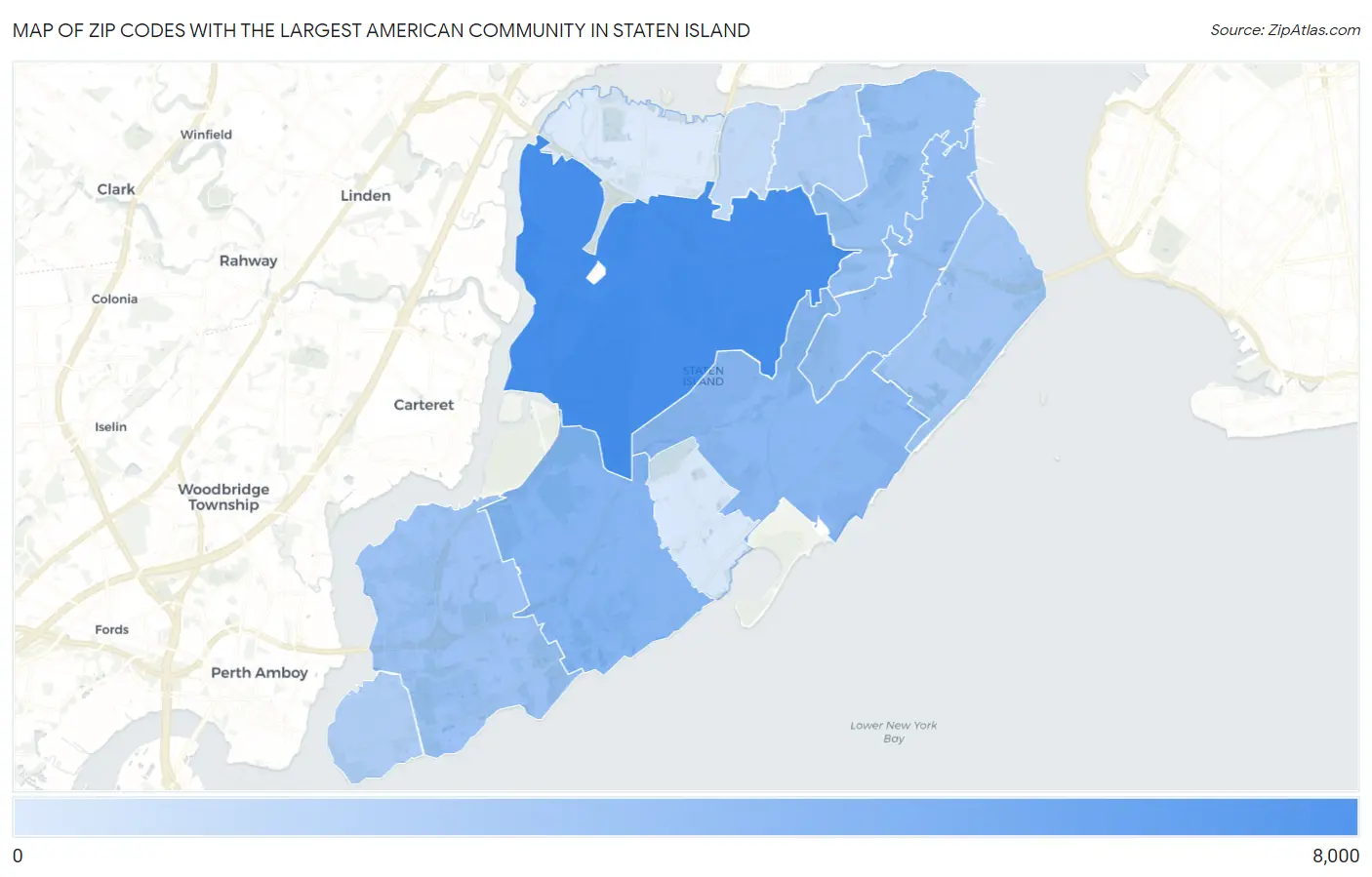 Zip Codes with the Largest American Community in Staten Island Map