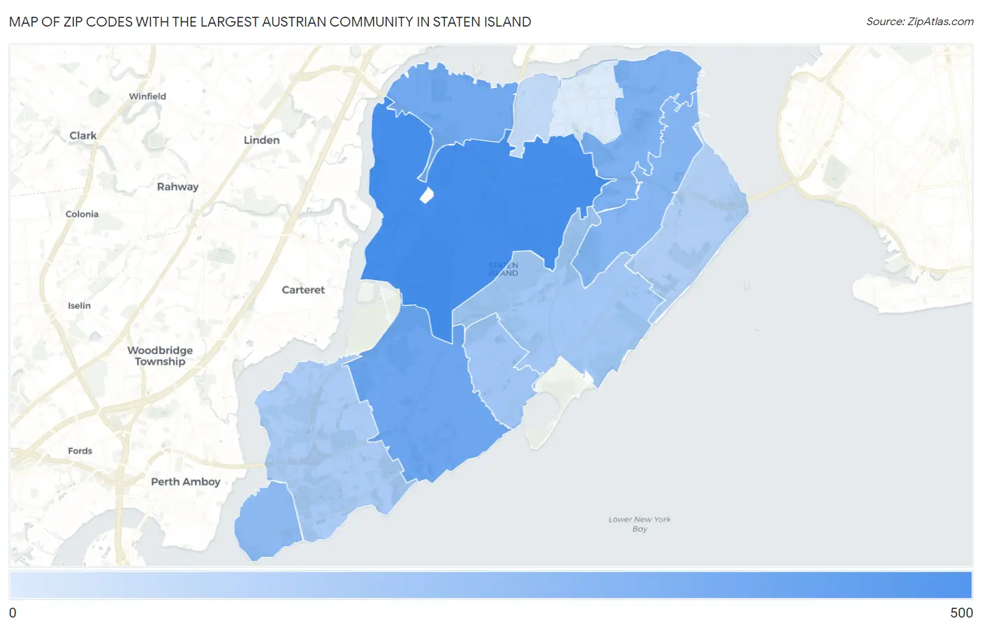 Zip Codes with the Largest Austrian Community in Staten Island Map