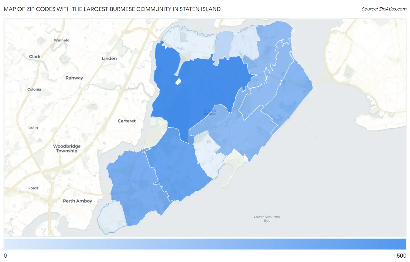 Zip Codes with the Largest Burmese Community in Staten Island Map