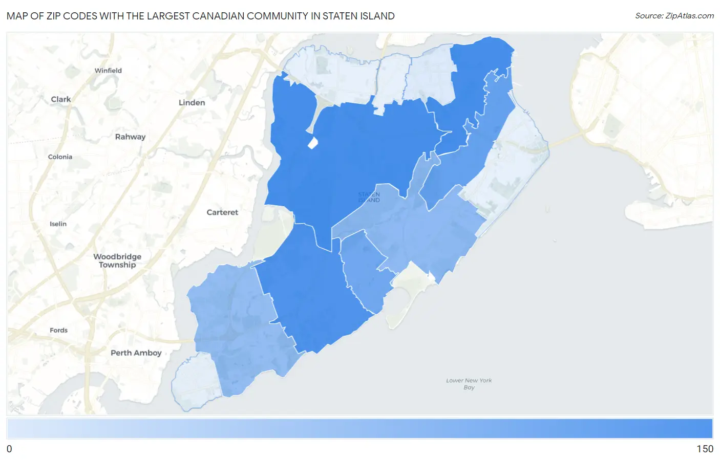 Zip Codes with the Largest Canadian Community in Staten Island Map