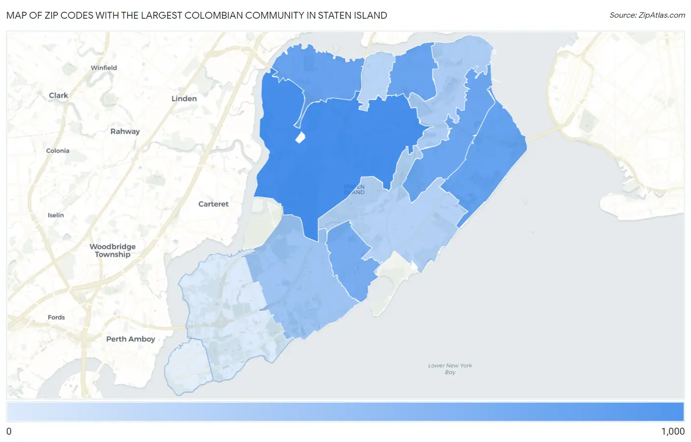 Zip Codes with the Largest Colombian Community in Staten Island Map