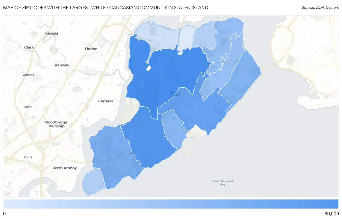 Zip Codes with the Largest White / Caucasian Community in Staten Island Map