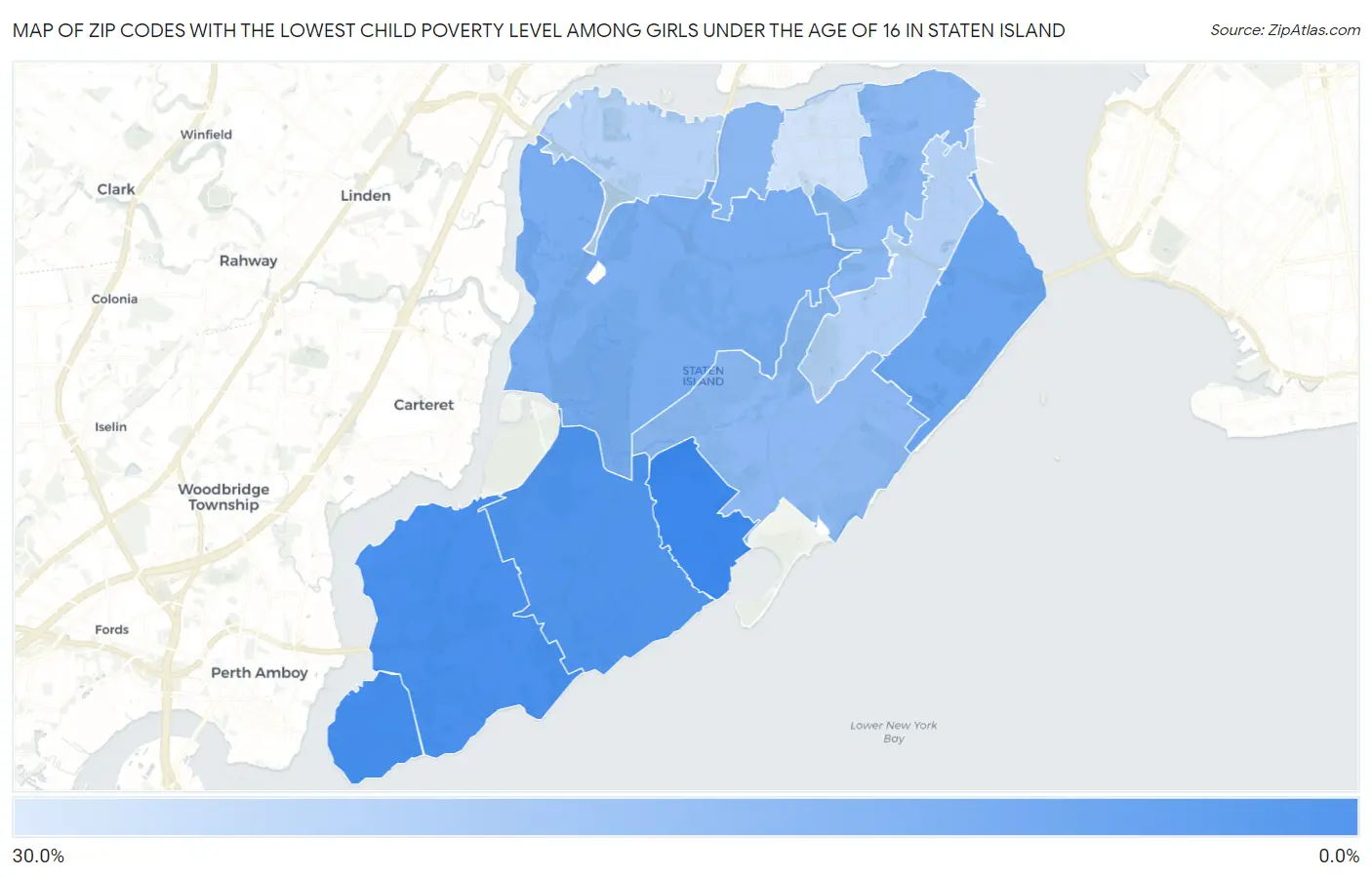 Zip Codes with the Lowest Child Poverty Level Among Girls Under the Age of 16 in Staten Island Map