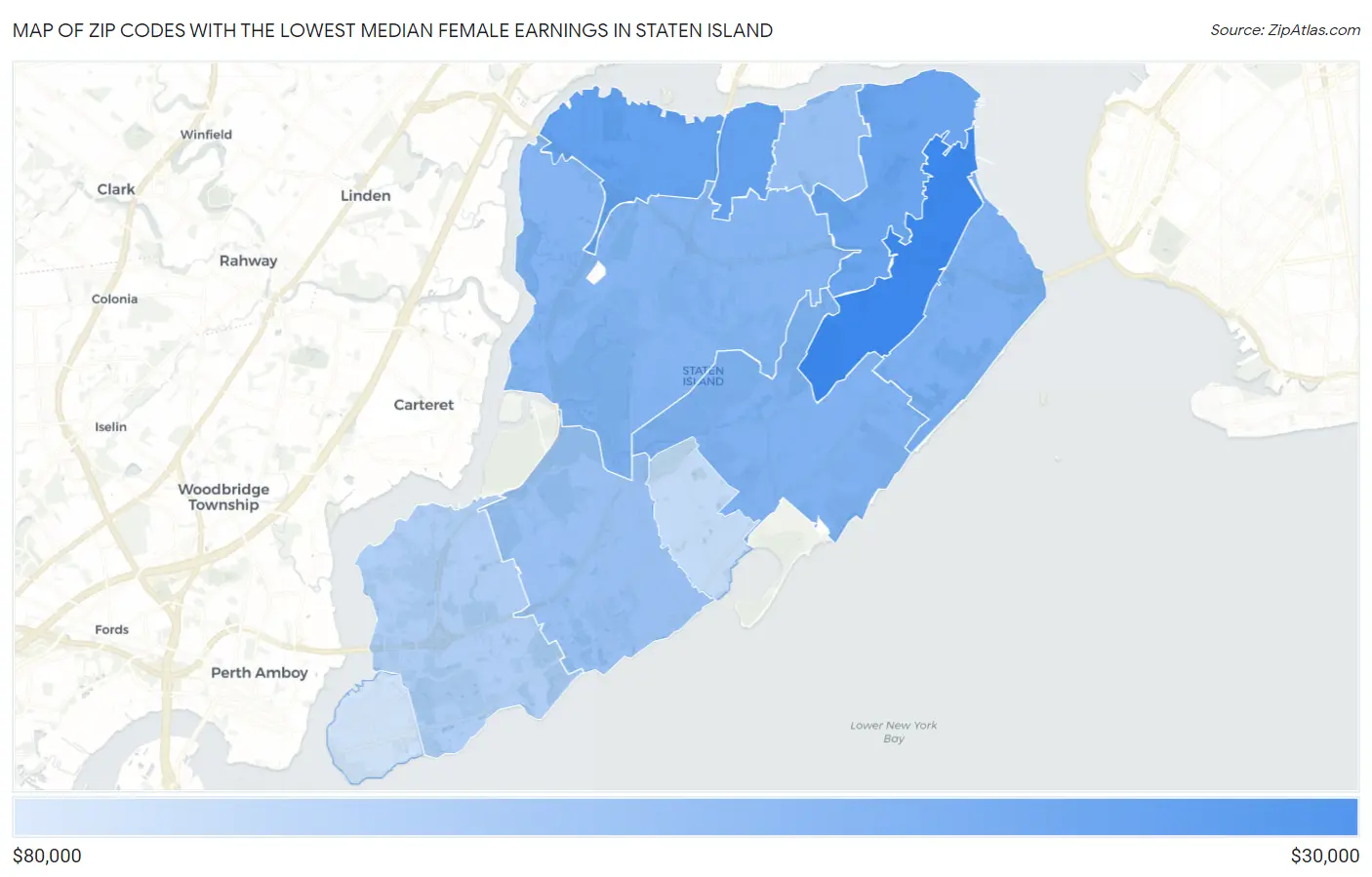 Zip Codes with the Lowest Median Female Earnings in Staten Island Map