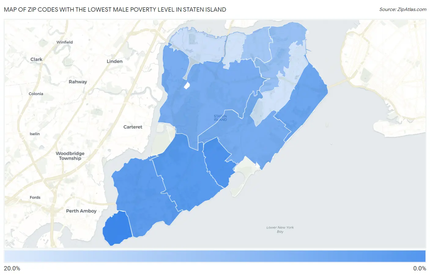Zip Codes with the Lowest Male Poverty Level in Staten Island Map