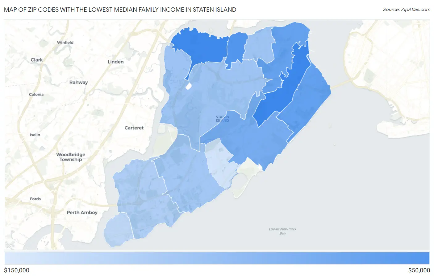 Zip Codes with the Lowest Median Family Income in Staten Island Map