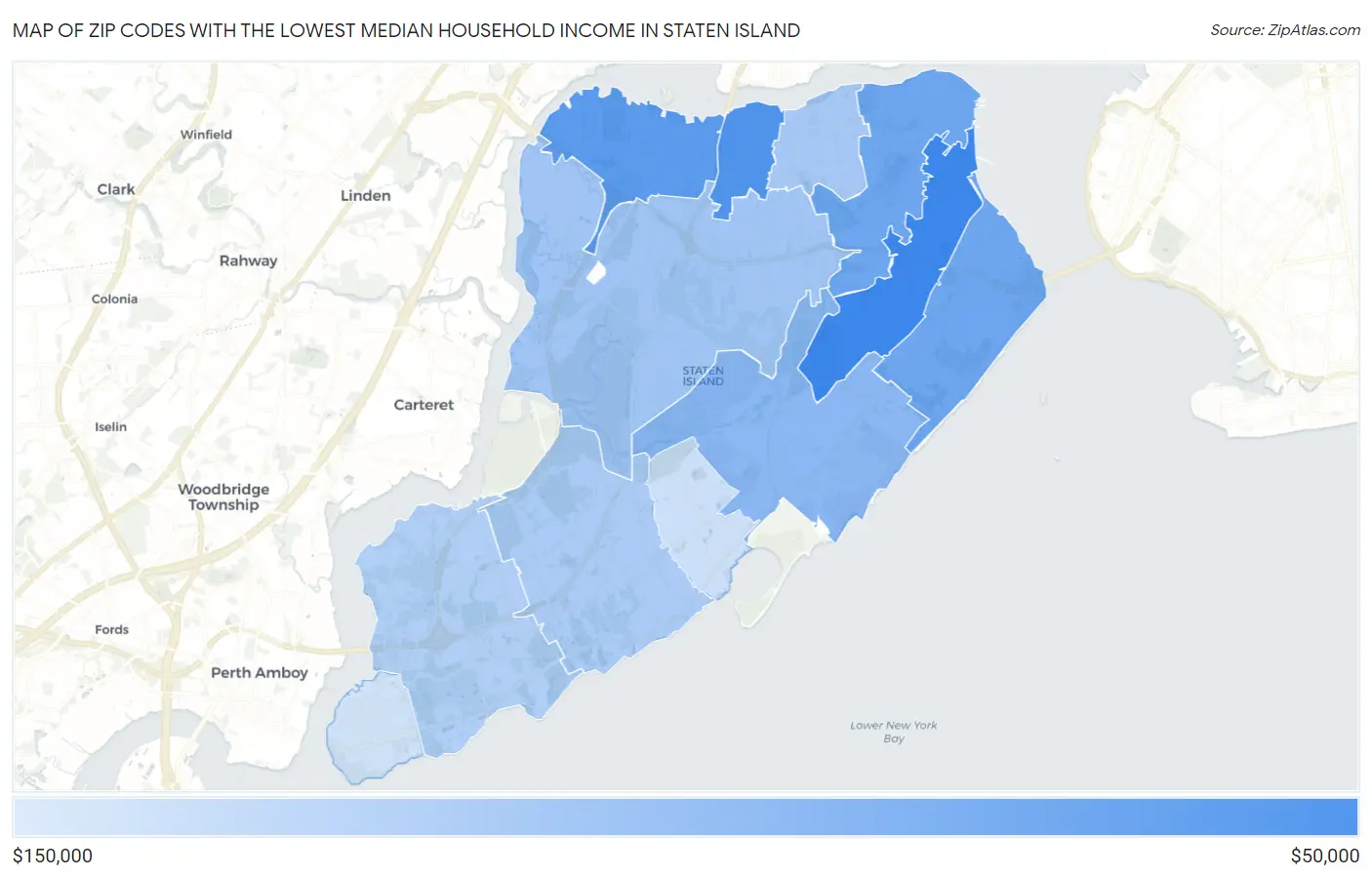 Zip Codes with the Lowest Median Household Income in Staten Island Map