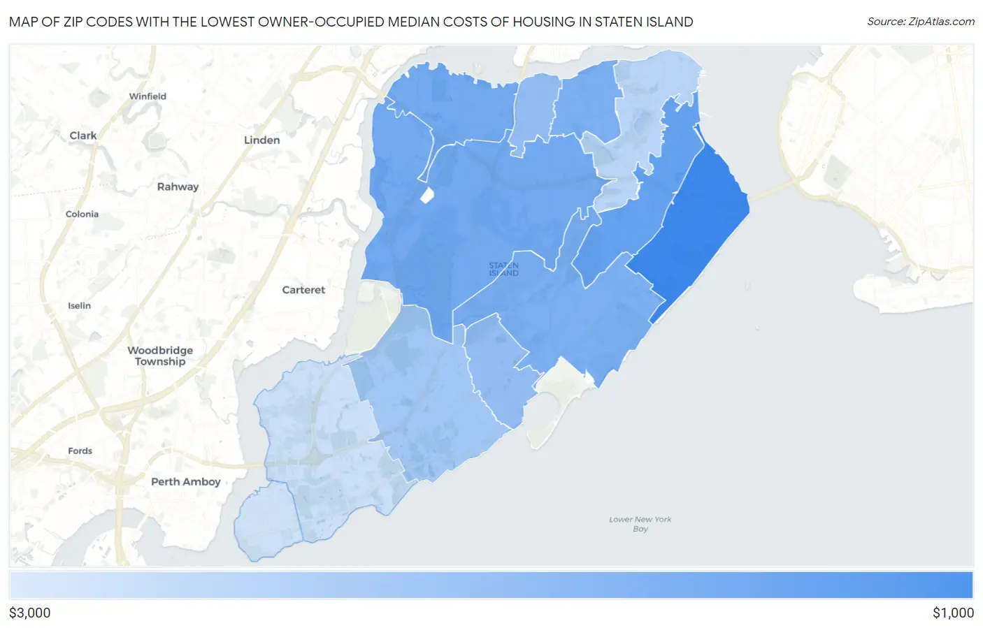 Zip Codes with the Lowest Owner-Occupied Median Costs of Housing in Staten Island Map
