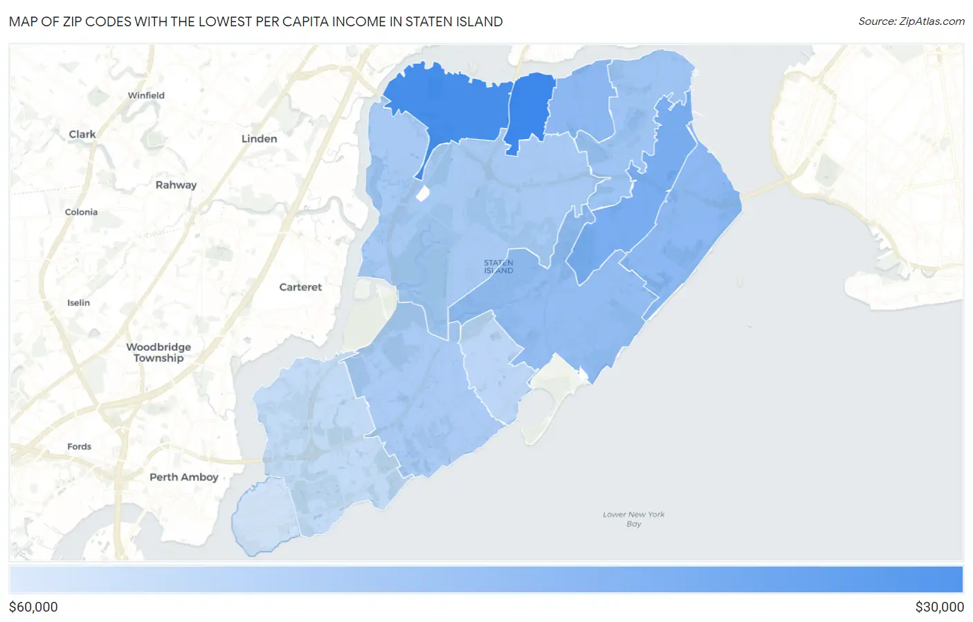 Zip Codes with the Lowest Per Capita Income in Staten Island Map