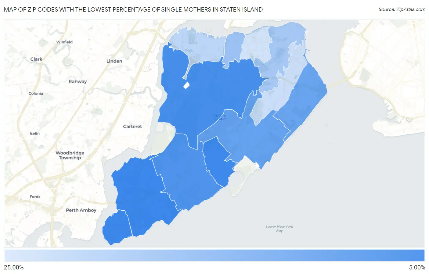 Zip Codes with the Lowest Percentage of Single Mothers in Staten Island Map