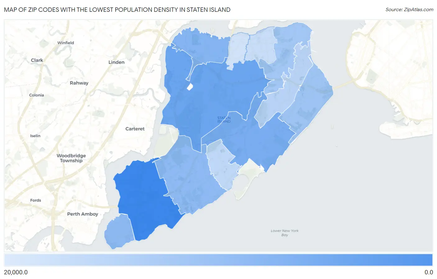 Zip Codes with the Lowest Population Density in Staten Island Map