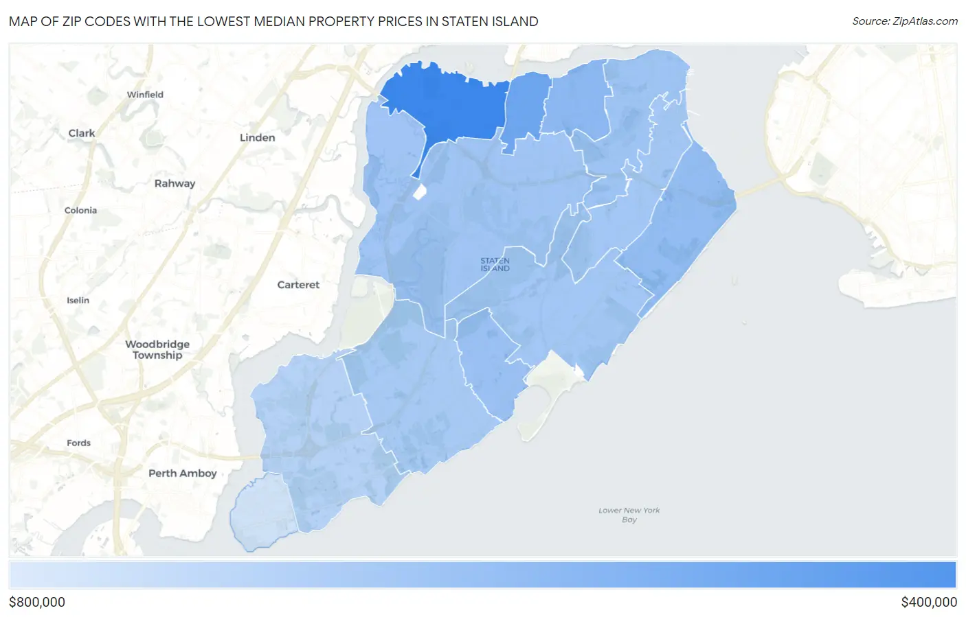 Zip Codes with the Lowest Median Property Prices in Staten Island Map