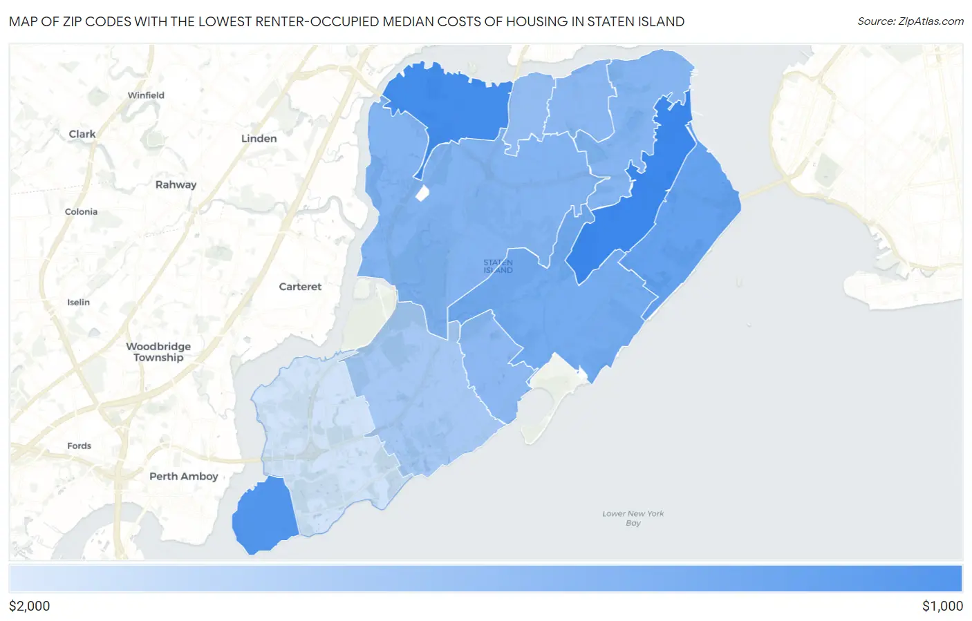 Zip Codes with the Lowest Renter-Occupied Median Costs of Housing in Staten Island Map