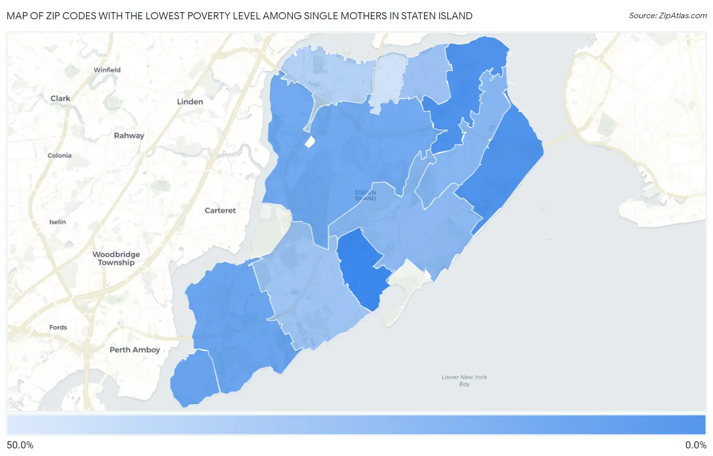 Zip Codes with the Lowest Poverty Level Among Single Mothers in Staten Island Map