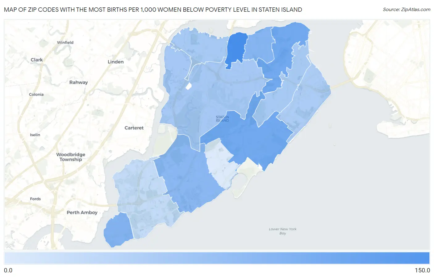 Zip Codes with the Most Births per 1,000 Women Below Poverty Level in Staten Island Map