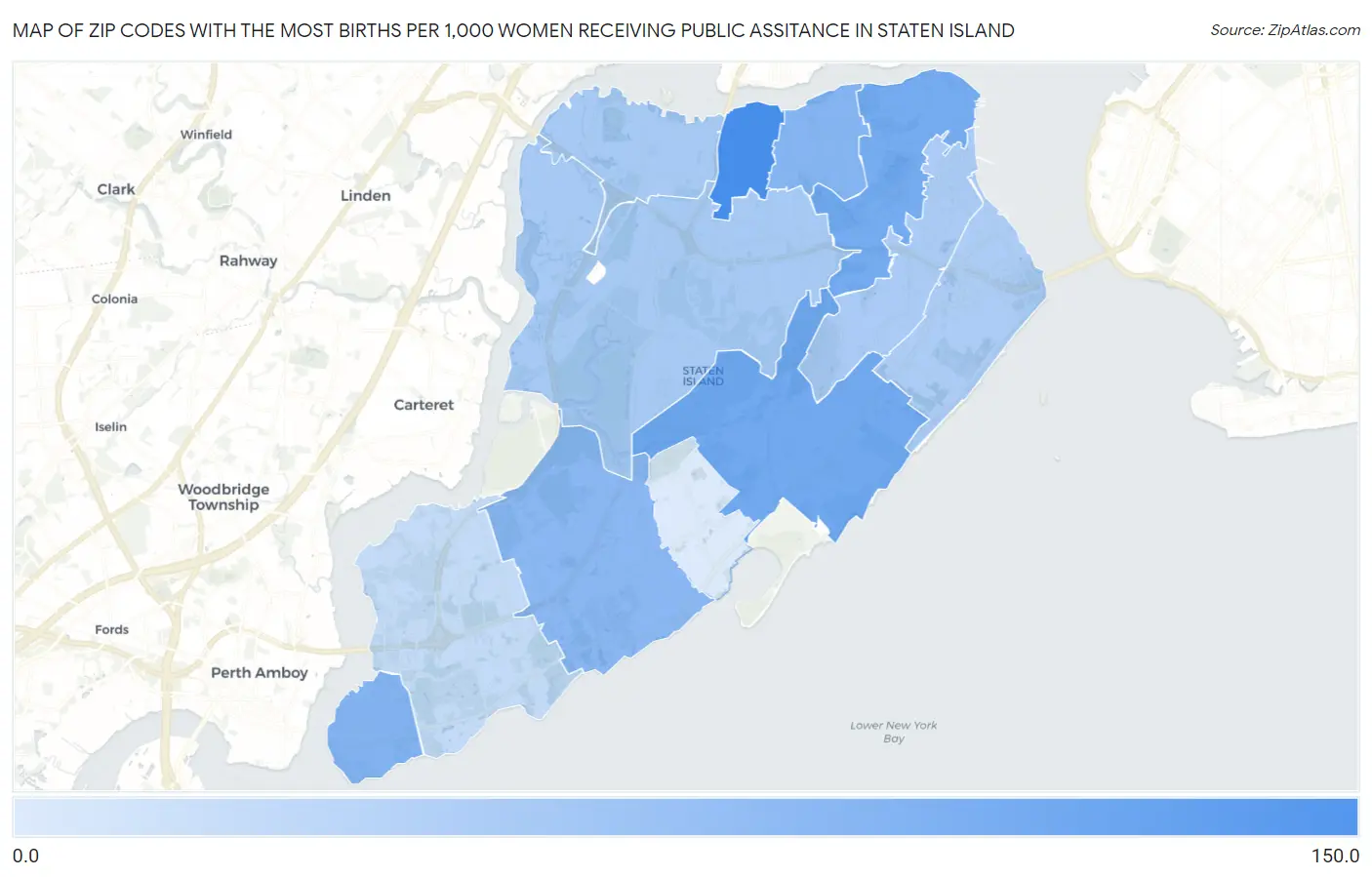 Zip Codes with the Most Births per 1,000 Women Receiving Public Assitance in Staten Island Map