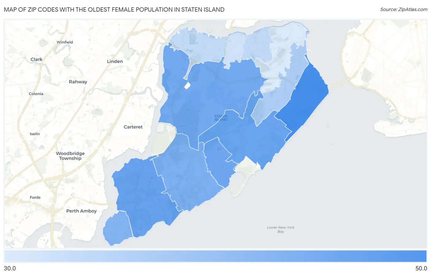 Zip Codes with the Oldest Female Population in Staten Island Map