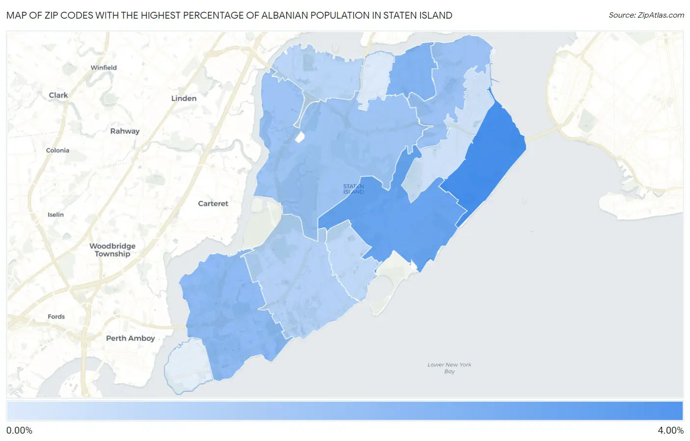 Zip Codes with the Highest Percentage of Albanian Population in Staten Island Map