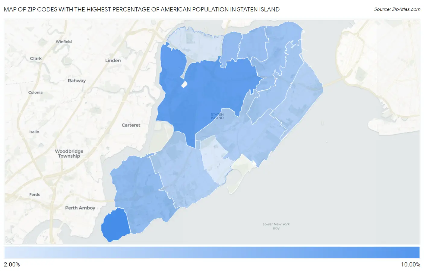 Zip Codes with the Highest Percentage of American Population in Staten Island Map