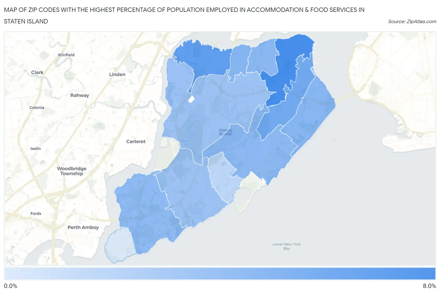 Zip Codes with the Highest Percentage of Population Employed in Accommodation & Food Services in Staten Island Map