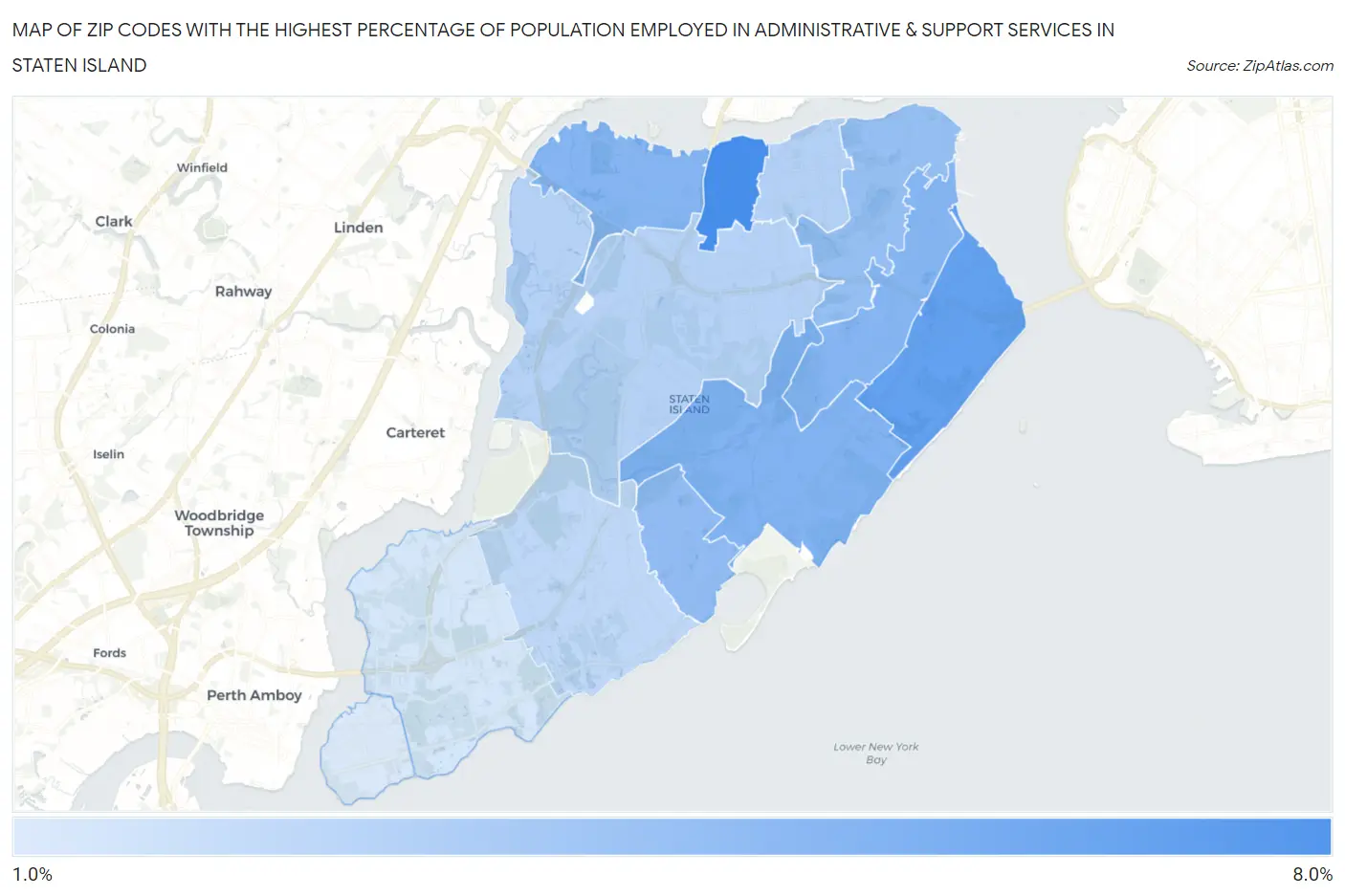 Zip Codes with the Highest Percentage of Population Employed in Administrative & Support Services in Staten Island Map